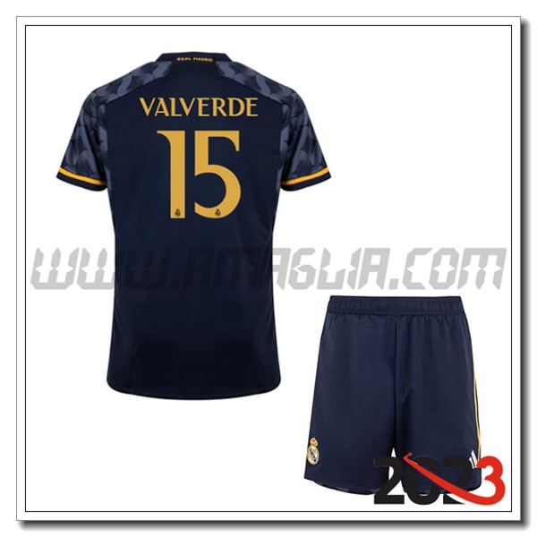 Kit Maglia Real Madrid Bambino Valverde #15 Seconda 2023 2024 Scontate 